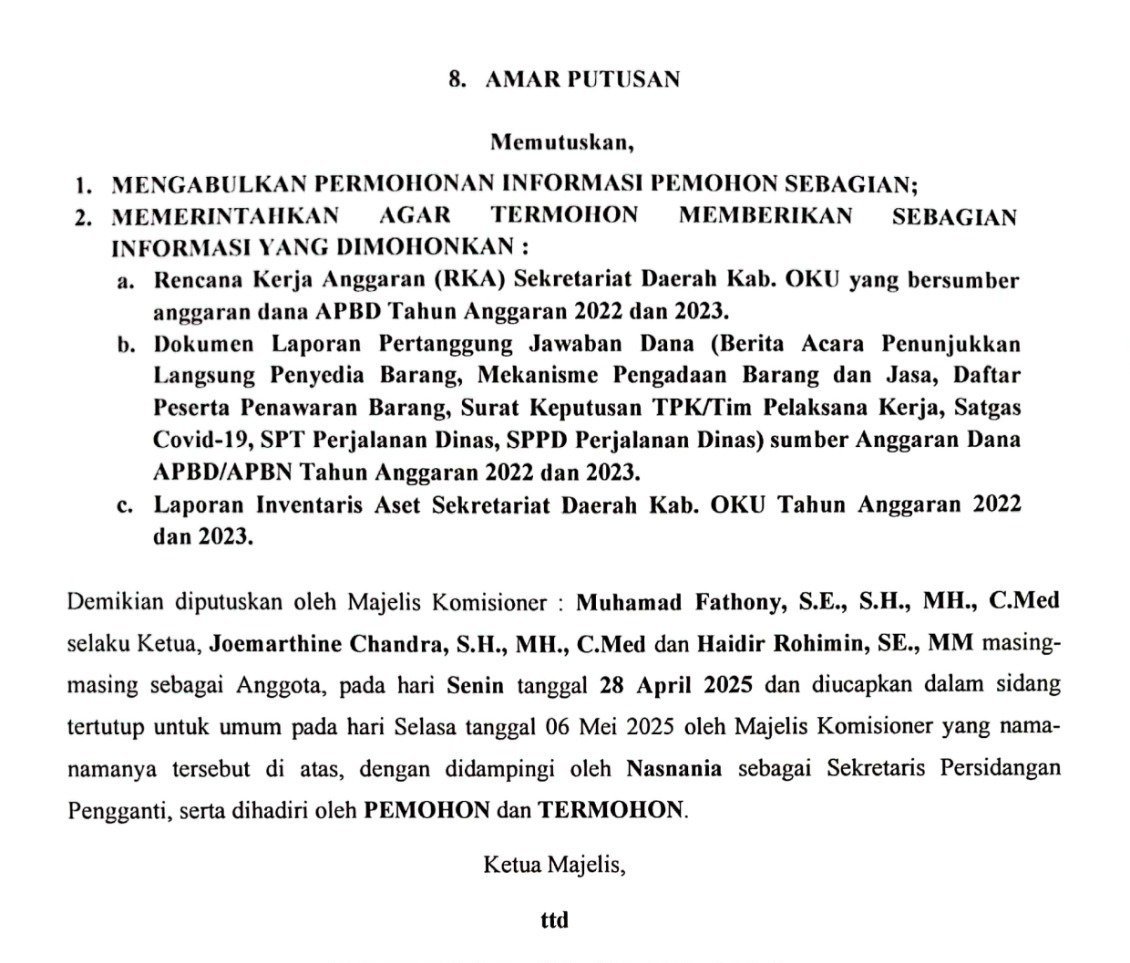DPP JMI Terima Salinan Putusan KI Provinsi Sumsel, Ini Isi Putusan nya
